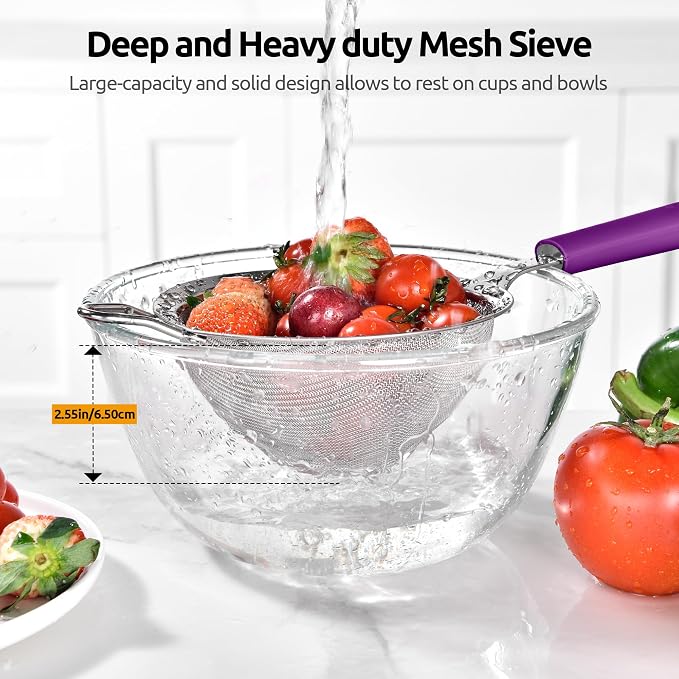 U-Taste Medium Fine Mesh Strainer: 18/8 Stainless Steel 4.73in 30 Mesh Kitchen Food Sieve with Sturdy Riveted Silicone Handle, Heavy Duty Deep Handheld Metal Colander for Rice, Quinoa, Flour (Purple)