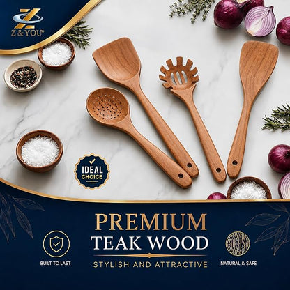 Extra-Large 4-Piece Teak Wooden Utensil Set – Non-Stick Wooden Spatula for Cooking, Skimmer Spoon & Spaghetti Spoon – Non Toxic Cooking Utensils