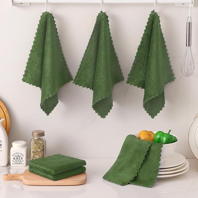 Kitinjoy 24 Pack Kitchen Cloths Dish Towels (10" x 10", Grass Green), Super Soft and Absorbent Dish Cloths, Nonstick Oil Fast Drying Coral Velvet Microfiber Cleaning
