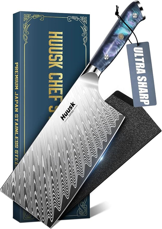 Huusk Stainless Meat Cleaver Knife 7" - Butcher Knife for Meat Cutting with Resin Handle, Heavy Duty Vegetable Chopping Knives with Full Tang Blade, Japanese High Carbon Steel, Gift Idea for Men Women