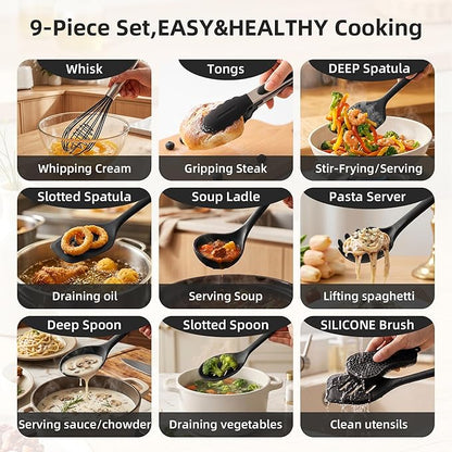Kitchen Utensils Set,9 PCS Silicone Cooking Utensils Set Spatula Set,Non Toxic Cooking Utensils,Tongs,Spoon,Whisk,Brush,BPA Free Kitchen Gadgets for Non-Stick Cookware,Home Essential(Black-9P)