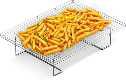Flip-Free Crispmaster 1st Ever 4-Inch Elevated Roasting, Baking, and BBQ Rack for 360° Heat Stainless Steel Wings, Fries, Chicken, Veggies, Turkey for Oven, Grill, or Smoker 17” x 13”