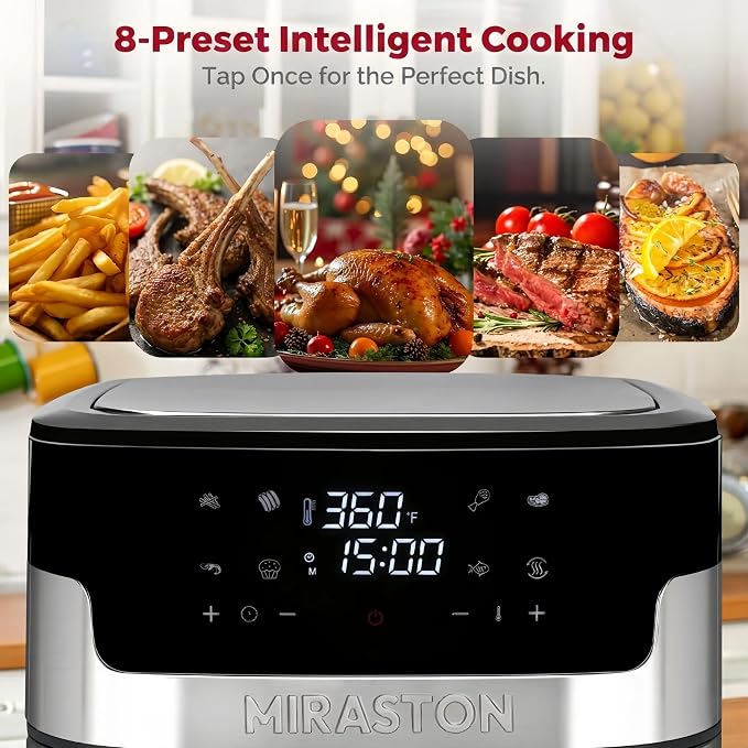 8.5QT Air Fryer with Visual Window, Large Family Size XL Airfryer with 8 Presets, Stainless Steel Oven for Fast Healthy Cooking, Reheat & Crisp, Dishwasher Safe, Gift Box Included