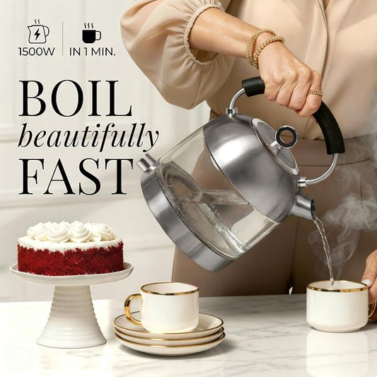 Stainless Steel Electric Kettle with Temperature Control - BPA and Plastic Free Electric Kettle with Keep Warm Function, Borosilicate Glass - Fast 1500W Hot Water Boiler, Auto Shut-Off
