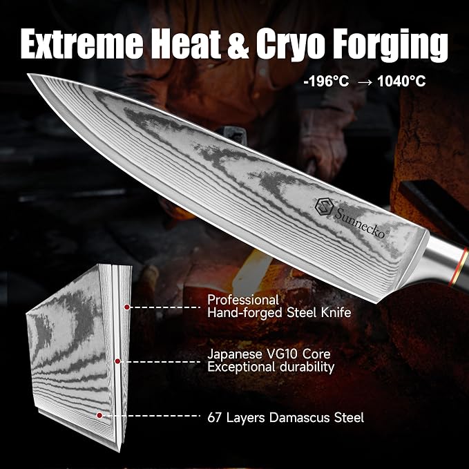 Sunnecko 8 Inch Chef Knife, Japanese Damascus VG10 Professional Kitchen Blade for Meat Vegetable Slicing, Ultra Sharp Cooking Tool with Manual Sharpener & Gift Box Packaging, Multi-purpose Chefs Knife