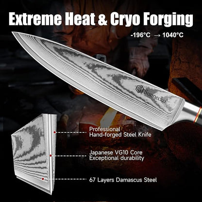 Sunnecko 8 Inch Chef Knife, Japanese Damascus VG10 Professional Kitchen Blade for Meat Vegetable Slicing, Ultra Sharp Cooking Tool with Manual Sharpener & Gift Box Packaging, Multi-purpose Chefs Knife