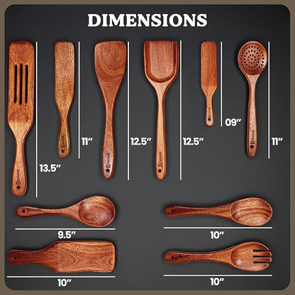 10Pcs Wooden Kitchen Utensil Set, Premium Natural Acacia Wood Cooking Utensils for Nonstick Cookware, Spoon Spatula Turner Ladle Skimmer Serving Tools