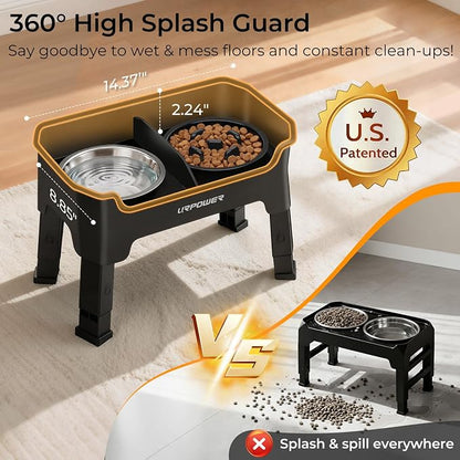 URPOWER Mess Proof Elevated Dog Bowls, High Wall Splash Guard Design, 4 Height Adjustable Raised Bowl Stand with Stainless Steel Bowl & Slow Feeder Bowl, Non-Slip Food Water Set for Small Dogs