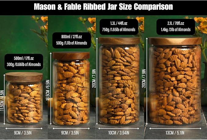Mason & Fable Ribbed Glass Jars with Wooden Lid 27 fl oz- Set of 3 | Airtight Fluted Storage Container for Pasta, Coffee, Candy, Dog Treats, Snacks | Glass Organization Canisters for Home & Kitchen