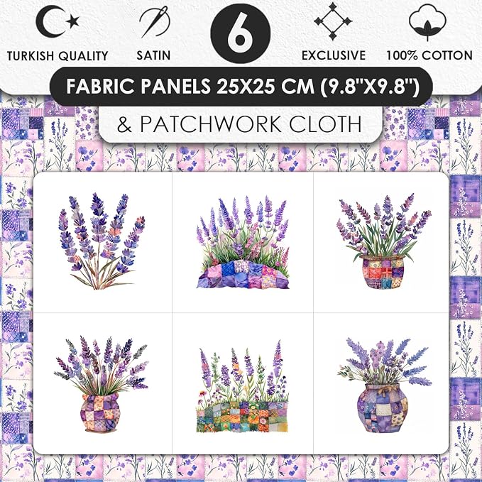 Lavender Patchwork Cotton Fabric Panel – 6 Designs (10×10 inch Each) + Bonus Sheet 29.5×19.6 inch, 100% Cotton 140 GSM, Made in Türkiye