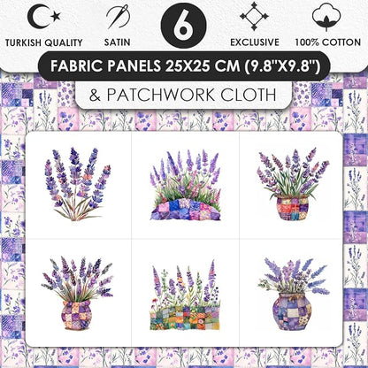 Lavender Patchwork Cotton Fabric Panel – 6 Designs (10×10 inch Each) + Bonus Sheet 29.5×19.6 inch, 100% Cotton 140 GSM, Made in Türkiye