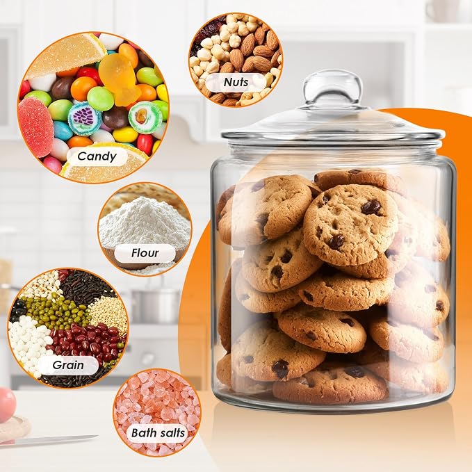 Masthome 1 Gallon Glass Cookie Jar with Airtight Lid, Large Clear Glass Storage Canister, Wide Mouth Food Storage Container for Pantry, Kitchen, Flour, Sugar, Pasta, Cookies, Candy, Dog Treats