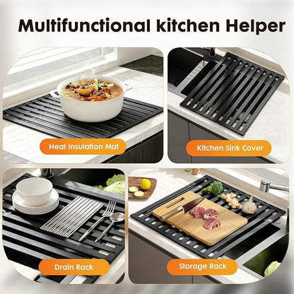 Foldable Over Sink Dish Drying Rack, Extra Wide & Thick Rust-Proof Aluminum Sink Cover for Counter Space, Collapsible Dish Drying Rack Fits Most Kitchen Sinks (Black, 13.8“x13.6)