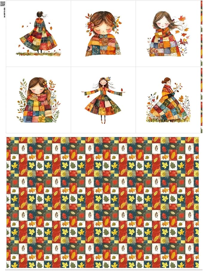 Autumn Girls Patchwork Cotton Fabric Panel – 6 Designs (10×10 inch Each) + Bonus Patchwork Sheet 29.5×19.6 inch, 100% Cotton 140 GSM