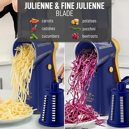 Zulay Kitchen Rotary Cheese Grater 5 Blade Cheese Shredder - Manual Hand Crank Cheese Grater With Reinforced Suction & 5 Interchangeable Drums - Easy to Use, Vegetable Chopper Round Mandoline Slicer