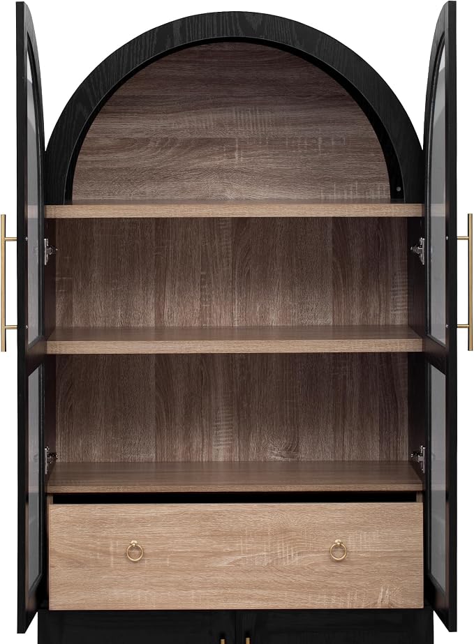 VilroCaz 71" Tall Arched Kitchen Pantry with Glass Doors and a Large Drawer, Farmhouse Kitchen Storage Cabinet with Open & Adjustable Shelves, Cupboard for Dining Room (Black-6.4)