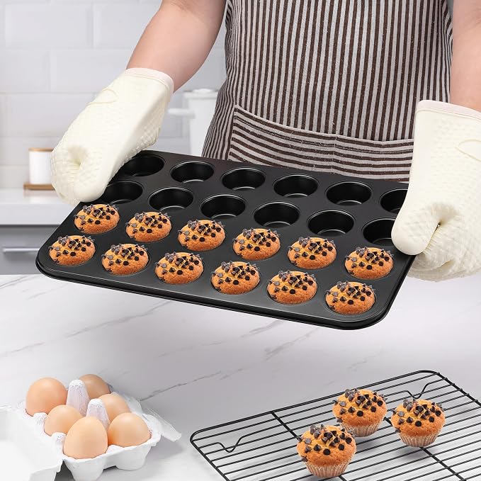 E-far 4 Pack Mini Muffin Pan 24-Cup - Nonstick Carbon Steel Cupcake Tin Tray for Little Bites & Freezer Prep | Warp-Free Bakeware Ensures Even Baking & Effortless Release, Regular Size & Oven Safe