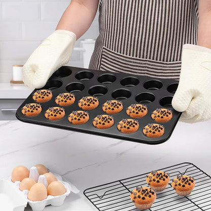 E-far 4 Pack Mini Muffin Pan 24-Cup - Nonstick Carbon Steel Cupcake Tin Tray for Little Bites & Freezer Prep | Warp-Free Bakeware Ensures Even Baking & Effortless Release, Regular Size & Oven Safe