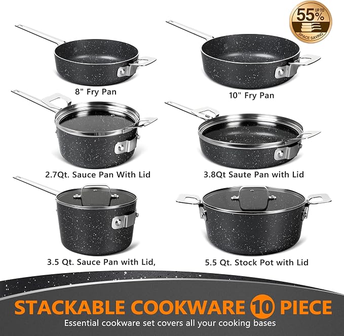 MICHELANGELO Stackable Pots and Pans Set, 10-Piece Nonstick Cookware with Stone Coatings, Space Saving - Gray