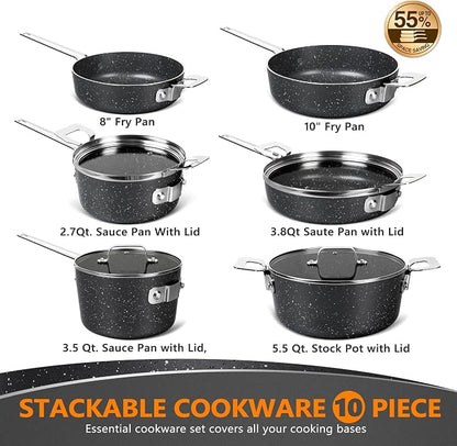MICHELANGELO Stackable Pots and Pans Set, 10-Piece Nonstick Cookware with Stone Coatings, Space Saving - Gray