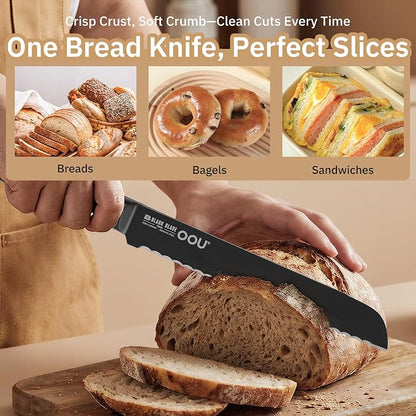 OOU® Black Blade 8 Inch Bread Knife with AgShield™ & Cerablack™ Technology, Rust-Resistant & Easy-Clean Finish, Serrated Edge for Sourdough, Bagels & Cake