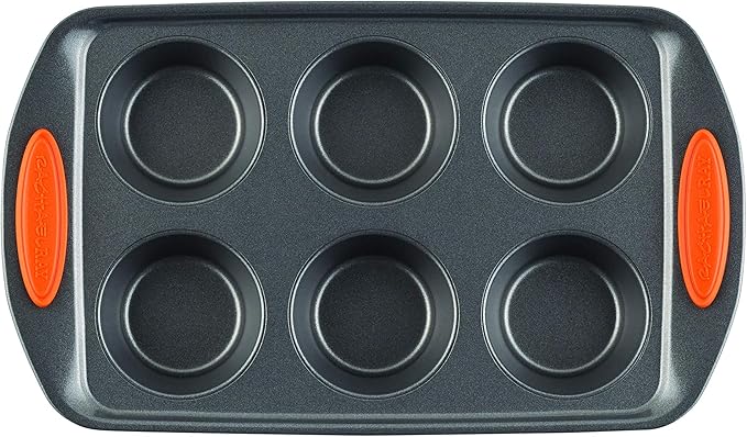 Rachael Ray Yum-o! Nonstick Bakeware Oven Lovin' Cups Muffin Pan 6-Cup, Gray with Orange Handles
