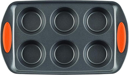 Rachael Ray Yum-o! Nonstick Bakeware Oven Lovin' Cups Muffin Pan 6-Cup, Gray with Orange Handles