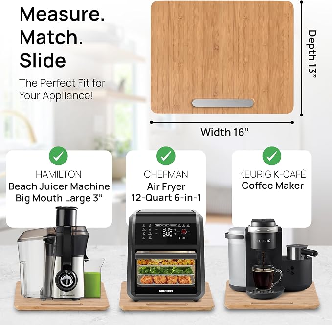 Ibyx Elegant Appliance Slider - Sliding Tray for Coffee Maker & Heavy Kitchen Appliances, Easy Slide, Made of Premium Bamboo, Space-Saving Kitchen Organizer, 40 lb Capacity, Natural - 16 x 13 Inch