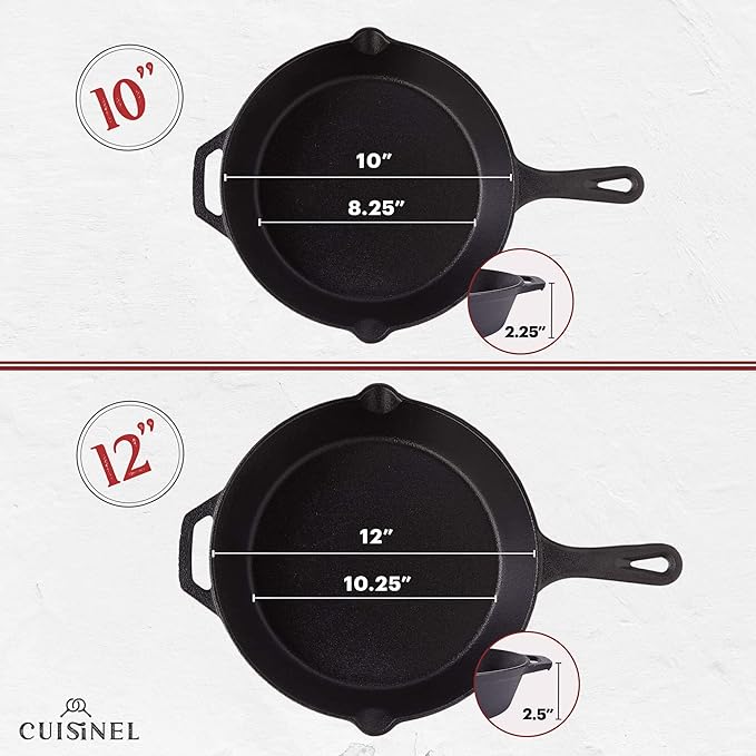 Cuisinel Pre-Seasoned Cast Iron Skillet 2-Piece Set (10-Inch and 12-Inch) Oven Safe Cookware - 2 Heat-Resistant Holders - Indoor and Outdoor Use - Grill, Stovetop, Induction Safe