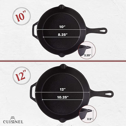 Cuisinel Pre-Seasoned Cast Iron Skillet 2-Piece Set (10-Inch and 12-Inch) Oven Safe Cookware - 2 Heat-Resistant Holders - Indoor and Outdoor Use - Grill, Stovetop, Induction Safe