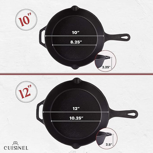 Cuisinel Pre-Seasoned Cast Iron Skillet 2-Piece Set (10-Inch and 12-Inch) Oven Safe Cookware - 2 Heat-Resistant Holders - Indoor and Outdoor Use - Grill, Stovetop, Induction Safe