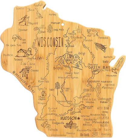 Totally Bamboo Destination Wisconsin State Shaped Serving and Cutting Board, Includes Hang Tie for Wall Display
