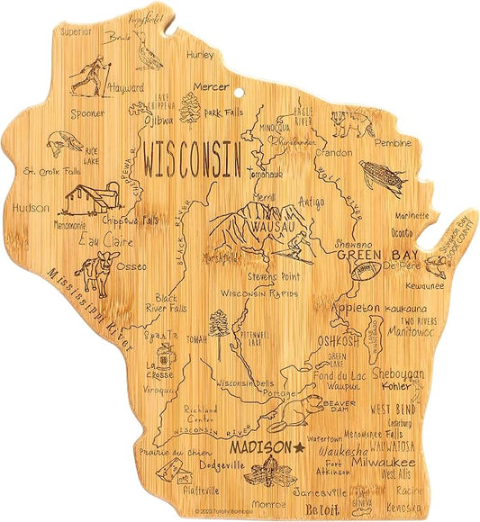 Totally Bamboo Destination Wisconsin State Shaped Serving and Cutting Board, Includes Hang Tie for Wall Display