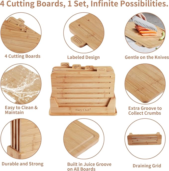 Fiery Chef 14.56"L x 11"W Bamboo Cutting Board Set of 4 - Wood Cutting Board Set with Holder, Chopping Boards Set with Food Icons, Juice Groove - Ideal for Meat, Fish, Bread, Vegetable, Fruit Chopping