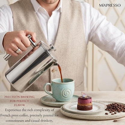 Mixpresso Large Stainless Steel French Press Coffee Maker 50 Oz 1500ml, Double Wall Insulated French Press Stainless Steel, Easy Clean Tea Brewer, Easy Press Durable Metal Coffee Press