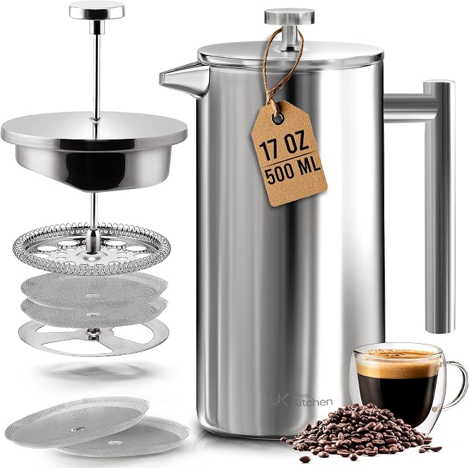 Utopia Kitchen 304 Grade Stainless Steel French Press Coffee Maker 17 Oz, Double Wall Insulated Coffee Press with 4-Level Filtration system, Include 2 Extra Filters, Rust-Free, Dishwasher Safe, Silver