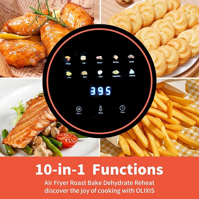 OLIXIS Glass Air Fryer 4.7Qt, Non Toxic Air Fryer with 10 Preset Cook Modes, 395°F Rapid Air Crispy Technology, Roast Bake Dehydrate Reheat, Nonstick & Easy-Clean Basket, 1300W