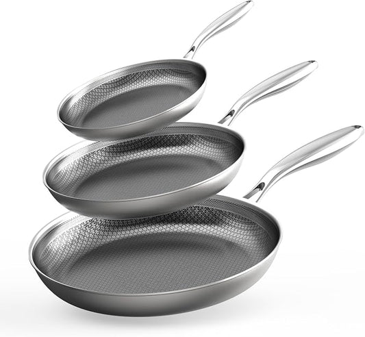 COOKER KING Stainless Steel Pans Set of 3 (8+10+12 Inch), Nonstick Induction Frying Pans,Chef's Pan,Skillets Dishwasher & Oven Safe, Stay-Cool Handles,Induction Compatible – Metal Utensil Safe