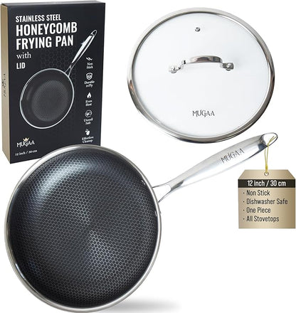 12 Inch Stainless Steel Frying Pan with Lid - Honeycomb Nonstick Skillet - PFOA-Free - Induction Compatible - Oven Safe to 450°F - Dishwasher Safe