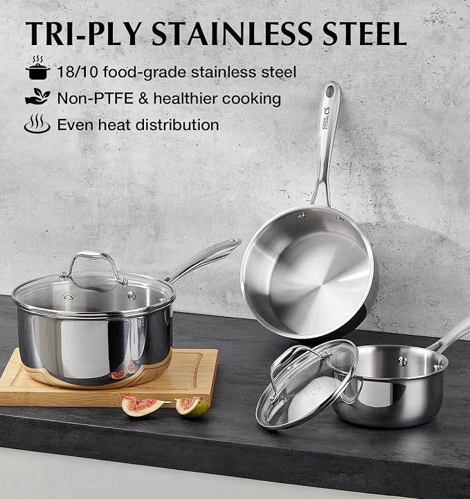 KOCH SYSTEME CS Triply Stainless Steel Saucepan Set, 1QT & 2QT & 3QT Stainless Steel Pot Set with lid, Diswasher & Oven Safe, Induction Compatible Pot, 6PCS