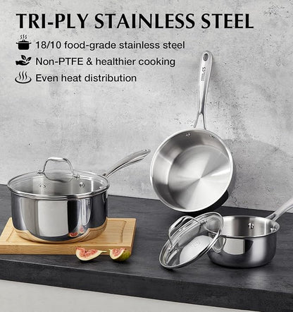 KOCH SYSTEME CS Triply Stainless Steel Saucepan Set, 1QT & 2QT & 3QT Stainless Steel Pot Set with lid, Diswasher & Oven Safe, Induction Compatible Pot, 6PCS