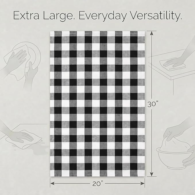 Urban Villa Kitchen Towels 100% Cotton Dish Towels for Kitchen (Set of 6) 20”x30” Dish Cloths Highly Absorbent Kitchen Linen Set with Hanging Loop Perfect for Drying Dishes Cleaning – Black White