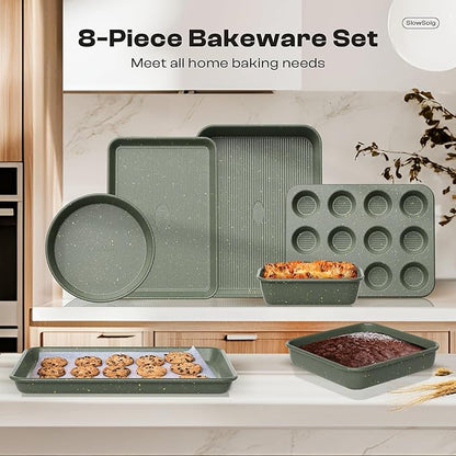 8-Piece Nonstick Bakeware Set, Stackable Oven Pan Set Includes Baking Sheet, Muffin Pan, Cake Pan, Square Pan, Loaf Pan, Cookie Sheet & Cooling Rack (Ceramic Coated Green)