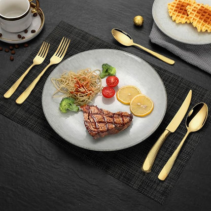 Lemeya 30-Piece Hammered Gold Silverware Set for 6 with Serrated Forging Knives,18/10 Stainless Steel Modern Flatware Set,Unique Cutlery Set,Mirror Polished,Dishwasher Safe