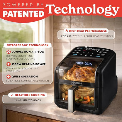 Gourmia Air Fryer 7 QT - Easy View Panorama Window & Interior Light, Guided Cooking with 12 One-Touch Presets, FryForce 360, Dishwasher Safe Accessories, Black