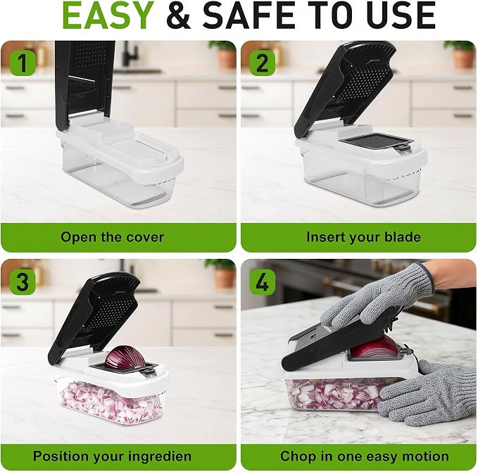 Mandoline Slicer for Kitchen, Vegetable Chopper & Dicer, Professional Food Slicer with Stainless Steel Blades, Safe Veggie Chopper for Onion Potato Carrot Fruit, Easy to Clean