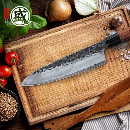MITSUMOTO SAKARI 8 Inch Japanese Gyuto Chef Knife | Hand forged, 3-layer 9Cr18MoV steel, rosewood handle, sandalwood box, for meat, fish and vegetables