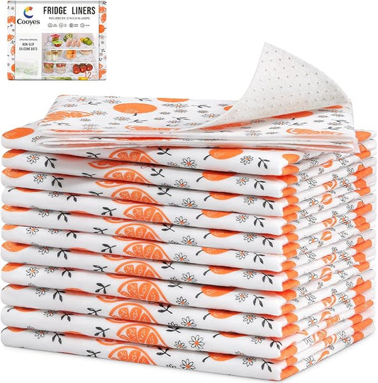 Cooyes Shelf Liners, 2-in-1 Non-Slip Fridge Mats, Absorb Excess Moisture, No-BPA Multiple Sizes for Glass Shelves, Kitchen Cabinets, Drawers (17.7 W x 24 L Inches, Dasiy-12 Pack)