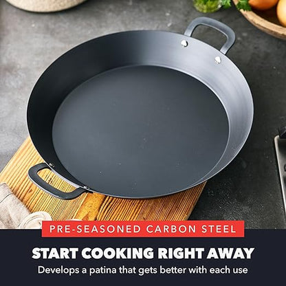 GreenPan x Bobby Flay 15” Carbon Steel Paella Pan, Pre-Seasoned, Nontoxic, PFAS-Free, Induction Compatible, Flat Bottom, Rice & Seafood Dishes, High Heat & Oven Safe Durable, Cast Iron Alternative
