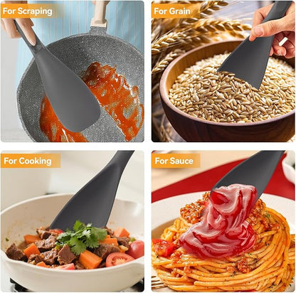 12.6" Extra Long Silicone Spatula Spoon for Nonstick Cookware, Seamless One-Piece Design Cooking Spoon with Built-in Tool Rest for Mixing, Scoop and Scrape, Dishwasher Safe, Black & Gray
